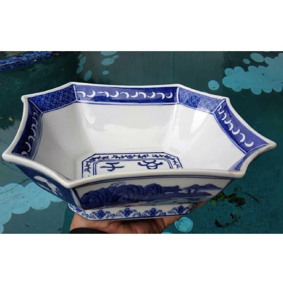 Vintage Octagonal Chinese Cobalt Blue Painted on White Porcelain Vase/Bowl - Picture 1 of 10
